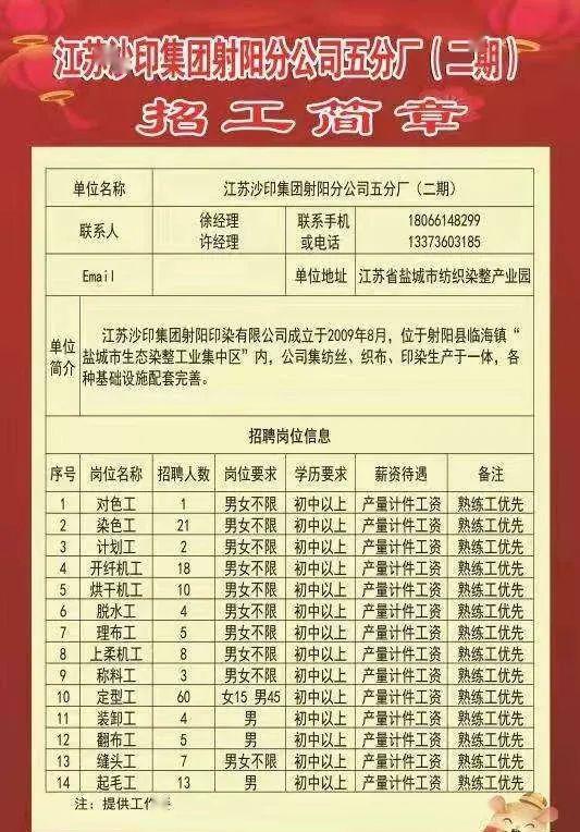 井研意龍印染廠溫暖招工啟事
